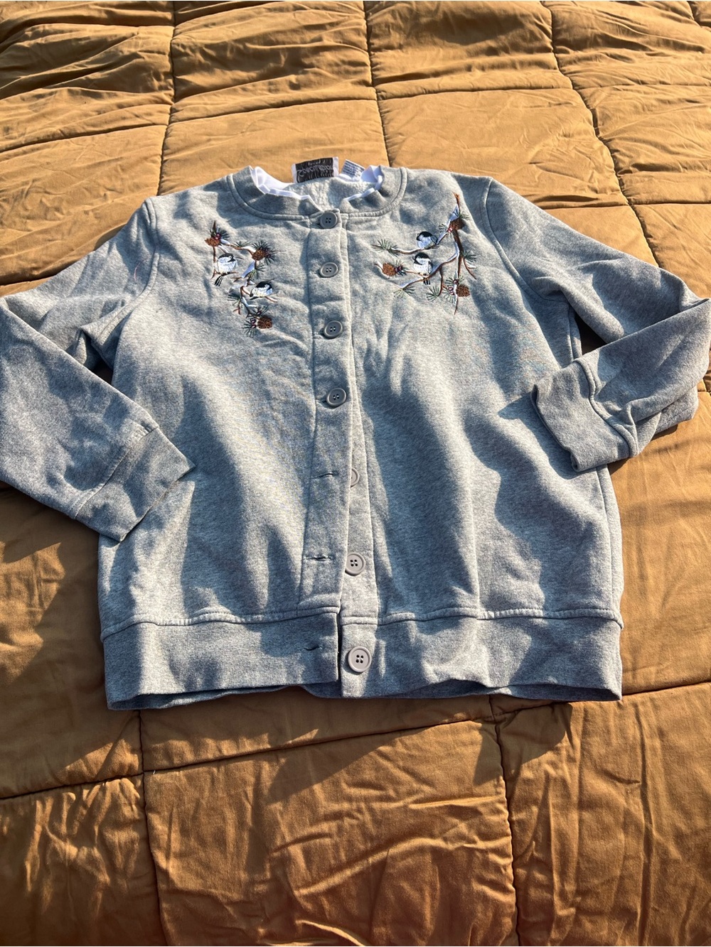 Vintage Embroidered Birds Light Gray Women's Button-Front Cardigan Size Petite S